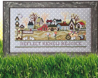 Counted Cross Stitch Pattern, Spring Renewal, Country Decor, Bunnies, Flower Cart, Inspirational, Welcome, Stoney Creek, PATTERN ONLY