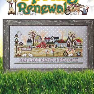 Counted Cross Stitch Pattern, Spring Renewal, Country Decor, Bunnies, Flower Cart, Inspirational, Welcome, Stoney Creek, PATTERN ONLY