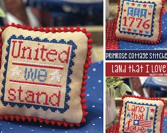 Modèle de point de croix compté, timbres patriotiques, United We Stand, Land That I Love, 1776, Primrose Cottage Stitches, PATTERN ONLY