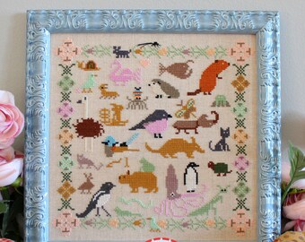 Counted Cross Stitch Pattern, Funky Menagerie,  Praying Mantis, Penguin, Aardvark, Nursery Decor, Cottage Chic, Lindy Stitches, PATTERN ONLY