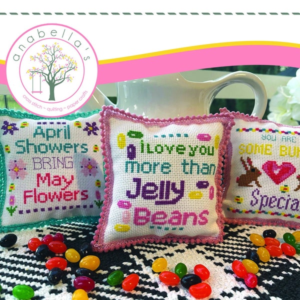 Counted Cross Stitch Pattern, Spring Trio,  Pillow Ornaments, Bowl Filler, Spring Decor, Jelly Beans, Bunnies, Anabella's, PATTERN ONLY