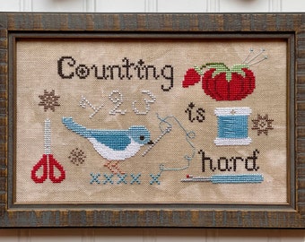 Counted Cross Stitch Pattern, Counting is Hard, Tomato Pincushion, Bluebird, Thread Spool, Luminous Fiber Arts, PATTERN ONLY