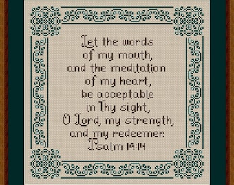 Counted Cross Stitch Pattern, Let the Words of My Mouth, Scriptural Sampler, Borders, Psalm 19:14, Happiness is Heart Made, PATTERN ONLY