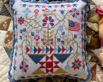 Counted Cross Stitch Pattern, Betsy’s Patriotic Basket, 4th of July, Pillow Ornament, Stars, Pansy Patch Quilts and Stitchery, PATTERN ONLY
