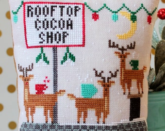 Counted Cross Stitch Pattern, Rooftop Cocoa Shop, Reindeer, Christmas Decor, Christmas Ornament, Ornament, Lindy Stitches, PATTERN ONLY