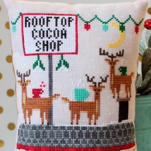 Counted Cross Stitch Pattern, Rooftop Cocoa Shop, Reindeer, Christmas Decor, Christmas Ornament, Ornament, Lindy Stitches, PATTERN ONLY