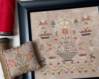 Counted Cross Stitch Pattern, Elizabeth’s Autumn Basket, Flower Motif, Rabbit, Pincushion, From the Heart Needleart, PATTERN ONLY