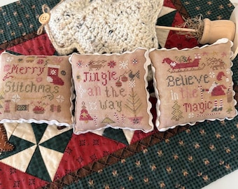 Counted Cross Stitch Pattern, Stitch, Jingle, and Be Merry, Christmas Pillow Ornaments, Pansy Patch Quilts and Stitchery, PATTERN ONLY