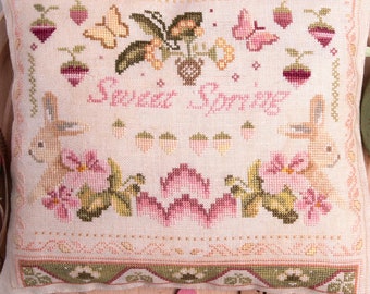 Counted Cross Stitch Pattern, Sweet Spring, Pillow Ornament, Spring Decor, Bunny Motifs, Samplers and Primitives, PATTERN ONLY