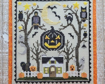 Counted Cross Stitch Pattern, Little House in the Haunted Woods, Halloween Decor, Pumpkins, Bats, Ghost, Waxing Moon Designs, PATTERN ONLY