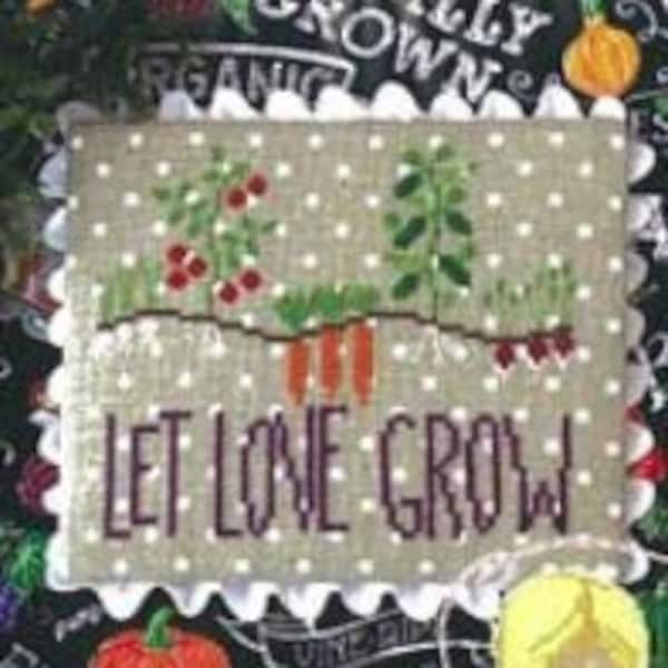 Counted Cross Stitch, Let Love Grow, Summer Decor, Garden Decor, Carrots, Radishes, Tomatoes, Cottage Chic, Little Stitch Girl, PATTERN ONLY