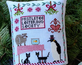 Counted Cross Stitch Pattern, Mistletoe Loitering Society, Christmas Decor, Ornament, Raccoon, Penguin, Cats, Lindy Stitches, PATTERN ONLY