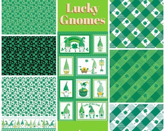 Quilt Fabric, Lucky Gnomes, St. Patrick's Day, Shamrocks, Gnomes, Pot of Gold, Green Plaid, Andi Metz, Kanvas Studios, Benartex