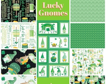 Quilt Fabric, Lucky Gnomes, St. Patrick's Day, Shamrocks, Gnomes, Pot of Gold, Green Plaid, Andi Metz, Kanvas Studios, Benartex