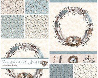 Quilt Fabric, Feathered Nest, Chickadees, Pussy Willows, Feathers, Bird Nest, Bird Eggs, Chickadee Nest, Chickadee Eggs, Northcott Fabrics