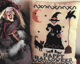 Counted Cross Stitch Pattern, Elixir, Halloween Decor, Witch, Black Cat, Broomstick, Spider, Primitive, Twin Peak Primitives, PATTERN ONLY