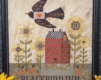 PRE-Order, Counted Cross Stitch Pattern, Blackbird Inn, Autumn Decor, Sunflowers, Bird Motif, Pumpkins, Quaint Rose Needlearts, PATTERN ONLY