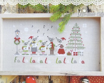 Counted Cross Stitch Pattern, Fa La La, Christmas Decor, Mice, Carolers, Christmas Tree, Lamp Post, Presents, Madame Chantilly, PATTERN ONLY