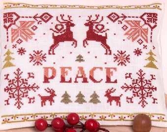 Counted Cross Stitch Pattern, Peace, Christmas Motif Sampler, Reindeer, Pillow Ornament, Bowl Filler, Samplers and Primitives, PATTERN ONLY