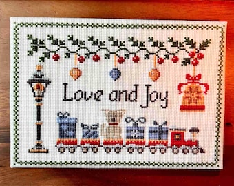 Counted Cross Stitch Pattern, Love and Joy, Christmas Decor, Pillow Ornament, Bowl Filler, Train, Motifs, December Stitches, PATTERN ONLY