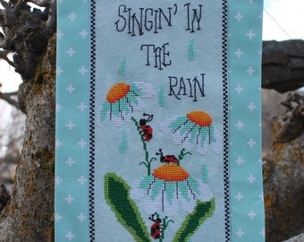 Cross Stitch Pattern, Singin' In the Rain, Spring Decor, Daisies, Ladybugs, Raindrops, Garden Decor, Luhu Stitches, PATTERN ONLY