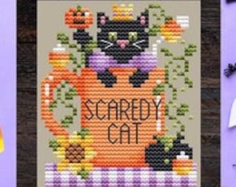 Counted Cross Stitch, Scaredy Cat Mug, Halloween Decor, Black Cat, Jack O'Lantern, Pillow Ornament, Shannon Christine Designs, PATTERN ONLY