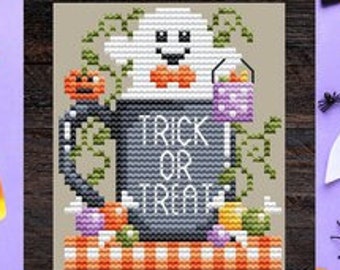 Counted Cross Stitch, Trick or Treat Mug, Halloween Decor, Ghost, Jack O'Lantern, Pillow Ornament, Shannon Christine Designs, PATTERN ONLY