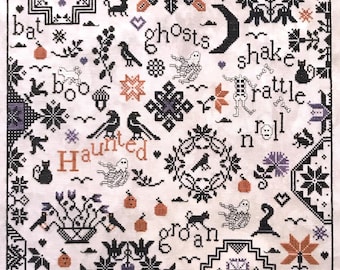 Counted Cross Stitch Pattern, Simple Gifts, Haunted, Halloween Sampler, Halloween Motifs, Crows, Ghosts, Praiseworthy Stitches, PATTERN ONLY