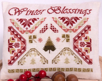 Counted Cross Stitch Pattern, Winter Blessings, Motif Sampler, Evergreens, Pillow, Bowl Filler, Samplers and Primitives, PATTERN ONLY
