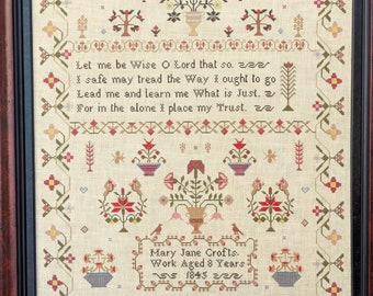 Counted Cross Stitch Pattern, Mary Jane Crofts 1845, Reproduction Sampler, Flower Motifs, Lila's Studio.  PATTERN ONLY