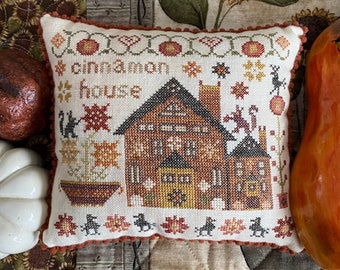 Counted Cross Stitch Pattern, Cinnamon House, Houses on Pumpkin Lane, Squirrels, Acorns, Pansy Patch, PATTERN ONLY