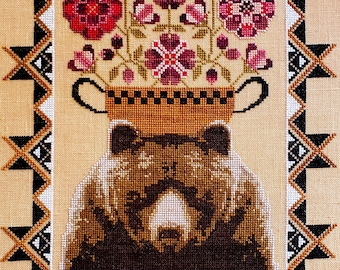Counted Cross Stitch, Geraldine's Flowers, Country Chic, Bear, Flower Basket, Gigi Reavis, The Artsy Housewife, PATTERN ONLY