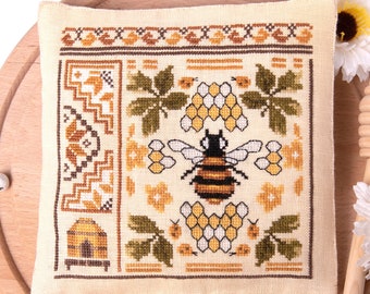 Counted Cross Stitch Pattern, The Bee Quaker I I, Spring Decor, Bee Skep, Honeycombs, Bees, Samplers and Primitives, PATTERN ONLY