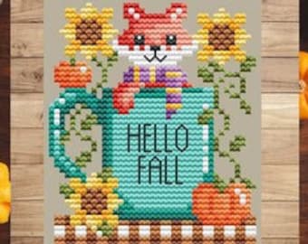 Counted Cross Stitch, Hello Fall Mug, Autumn Decor, Pillow Ornament, Sunflowers, Pumpkin, Fox, Shannon Christine Designs, PATTERN ONLY