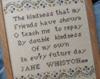 Counted Cross Stitch Pattern, On Kindness: Jane Whiston 1818, Antique Reproduction Sampler, Friendship, Motifs, Mojo Stitches, PATTERN ONLY