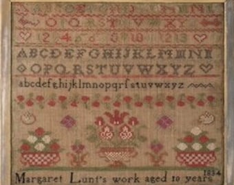 Counted Cross Stitch Pattern, Margaret Lunt, Reproduction Sampler, Alphabet Sampler, Motifs, Olde Willow Stitchery, PATTERN ONLY