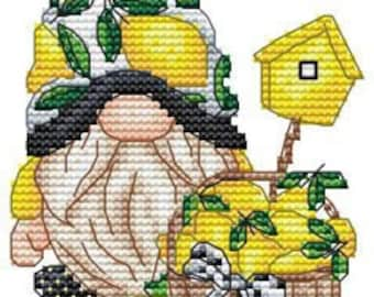 Counted Cross Stitch Pattern, Lemon Gnome, Lemons, Basket, Birdhouse, Summer Decor, Garden Gnome, Les Petites Croix de Lucie, PATTERN ONLY