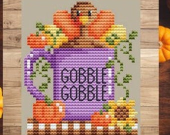 Counted Cross Stitch, Gobble Gobble Mug, Thanksgiving Decor, Pillow Ornament, Pumpkins, Turkey, Shannon Christine Designs, PATTERN ONLY