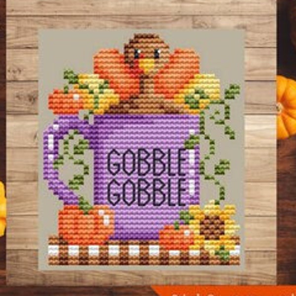 Counted Cross Stitch, Gobble Gobble Mug, Thanksgiving Decor, Pillow Ornament, Pumpkins, Turkey, Shannon Christine Designs, PATTERN ONLY