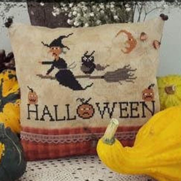 Counted Cross Stitch Pattern, Happy Halloween By Tina, Halloween Decor, Pillow, Ornament, Bowl Filler, Fairy Wool in the Wood, PATTERN ONLY