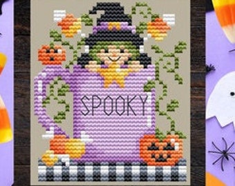 Counted Cross Stitch, Spooky Mug, Halloween Decor, Witch, Star, Jack O'Lanterns, Pillow Ornament, Shannon Christine Designs, PATTERN ONLY