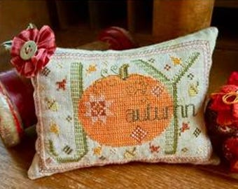 Counted Cross Stitch Pattern, Autumn Joy, Pillow Ornament, Bowl Filler, Pumpkin Motif, Violets & Sunshine, PATTERN ONLY