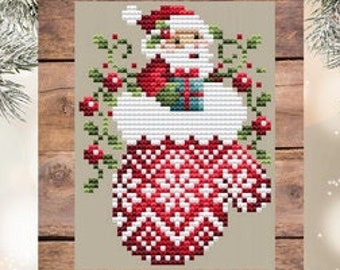 Counted Cross Stitch, Santa Mitten, Christmas Decor, Holly Vines, Pillow Ornament, Bowl Filler, Shannon Christine Designs, PATTERN ONLY