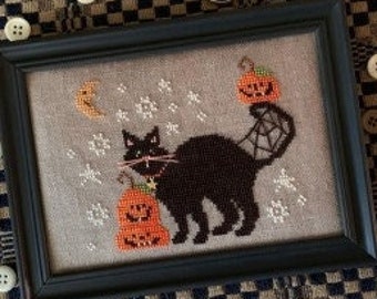 Counted Cross Stitch Pattern, Three Jacks and Cat, Halloween Decor, Pillow Ornament, Bowl Filler, Primitive, Stitches by Ethel, PATTERN ONLY