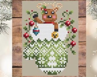 Counted Cross Stitch, Left Reindeer Mitten, Christmas Decor, Pillow Ornament, Bowl Filler, Holly, Shannon Christine Designs, PATTERN ONLY