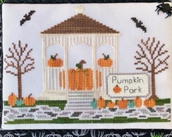 Counted Cross Stitch, Pumpkin Park, Spooky Hollow Series, Halloween, Bats, Pumpkins, Gazebo, Cottage Chic, Little Stitch Girl, PATTERN ONLY