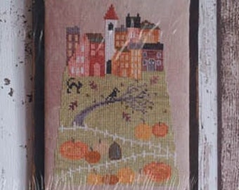 Counted Cross Stitch Pattern, Hilltop Village in Fall, Saltbox, Village Scene, Pumpkins, Autumn Decor, Crow, Cat, Thistles, PATTERN ONLY