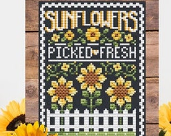 Counted Cross Stitch, Sunflowers Sign, Picket Fence, Sunflowers, Summer Decor, Pillow Ornament, Shannon Christine Designs, PATTERN ONLY