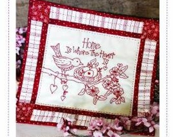 Redwork Embroidery Pattern, Home is Where the Heart Is, Monochromatic, Redwork Stitchery, Birds, Hearts, Bird Brain Designs, PATTERN ONLY