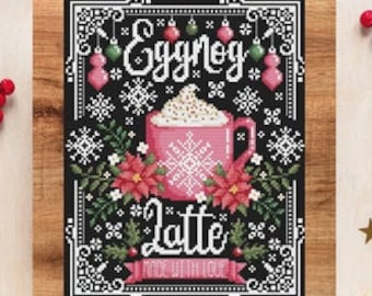 Counted Cross Stitch, Eggnog Latte Sign, Christmas Decor, Snowflakes, Poinsettias, Corner Motifs, Shannon Christine Designs, PATTERN ONLY